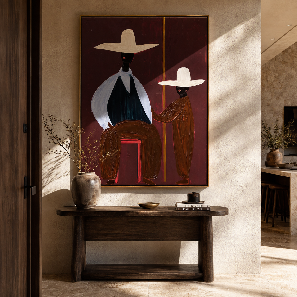 Two Brims Share Burgundy presented above a contemporary console