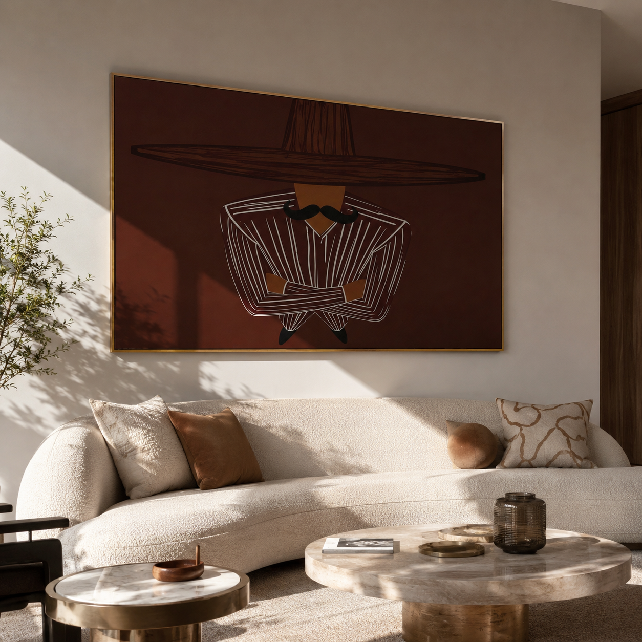 Brown Orbit Folds Quiet presented above a contemporary console