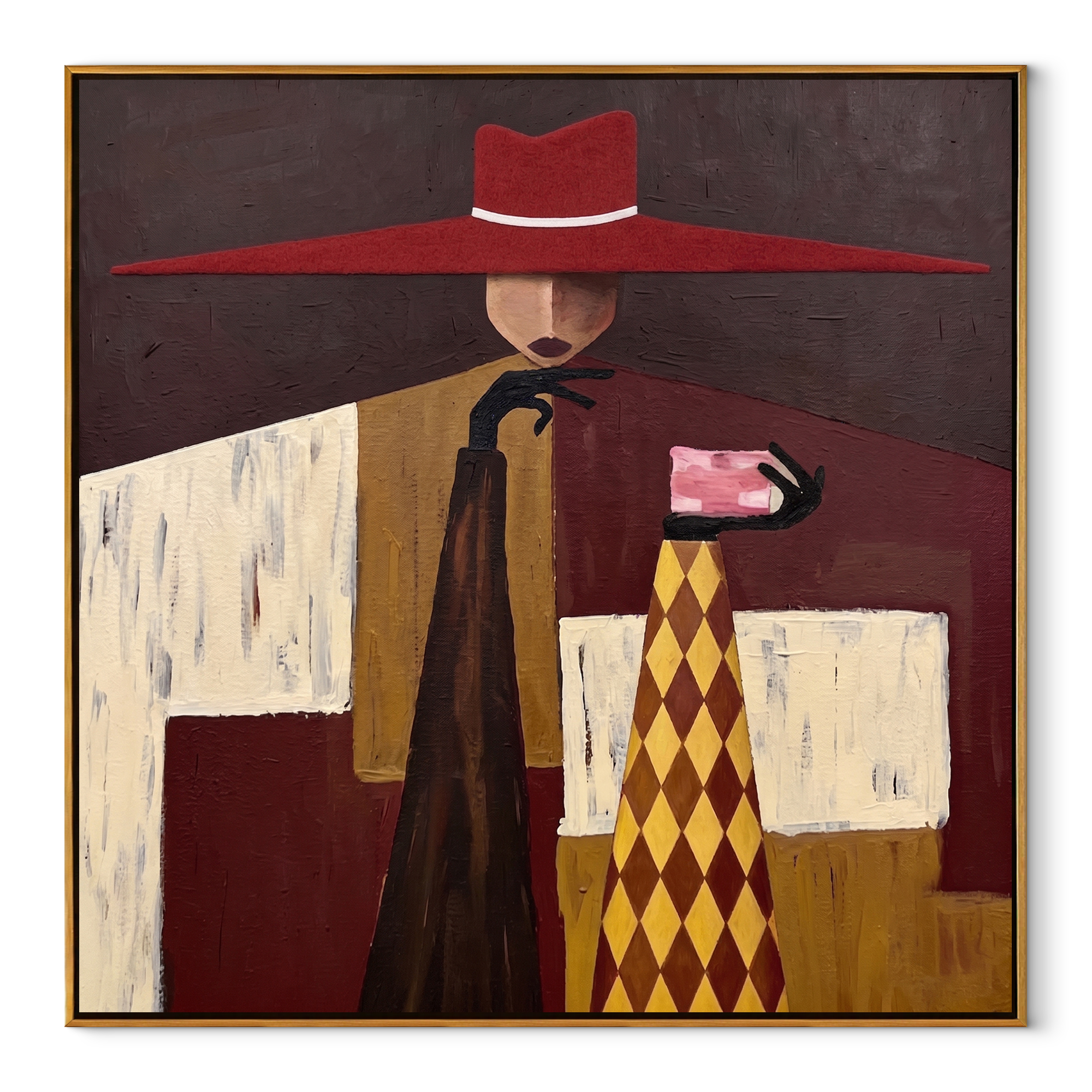 Red Crown Serves Gold abstract figurative textured painting, square canvas artwork