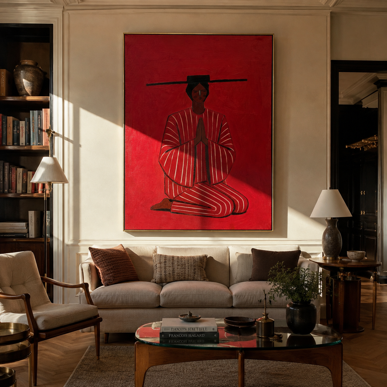 Red Silence Bows Down displayed in a warm contemporary interior