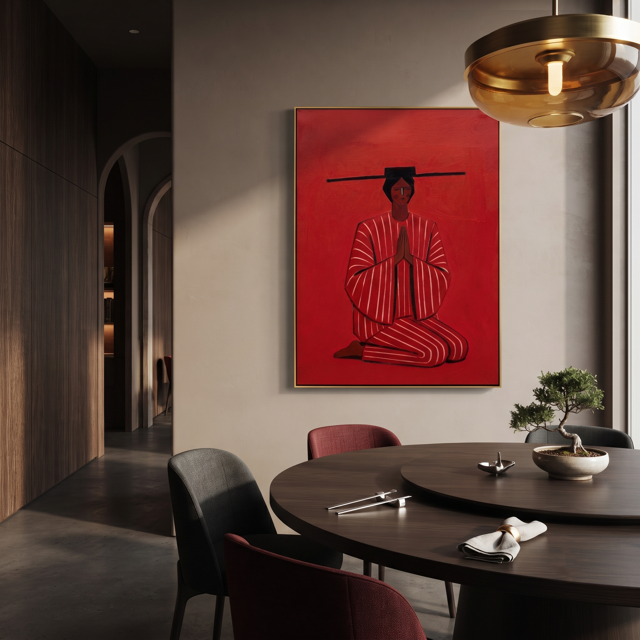 Red Silence Bows Down styled in a layered residential interior