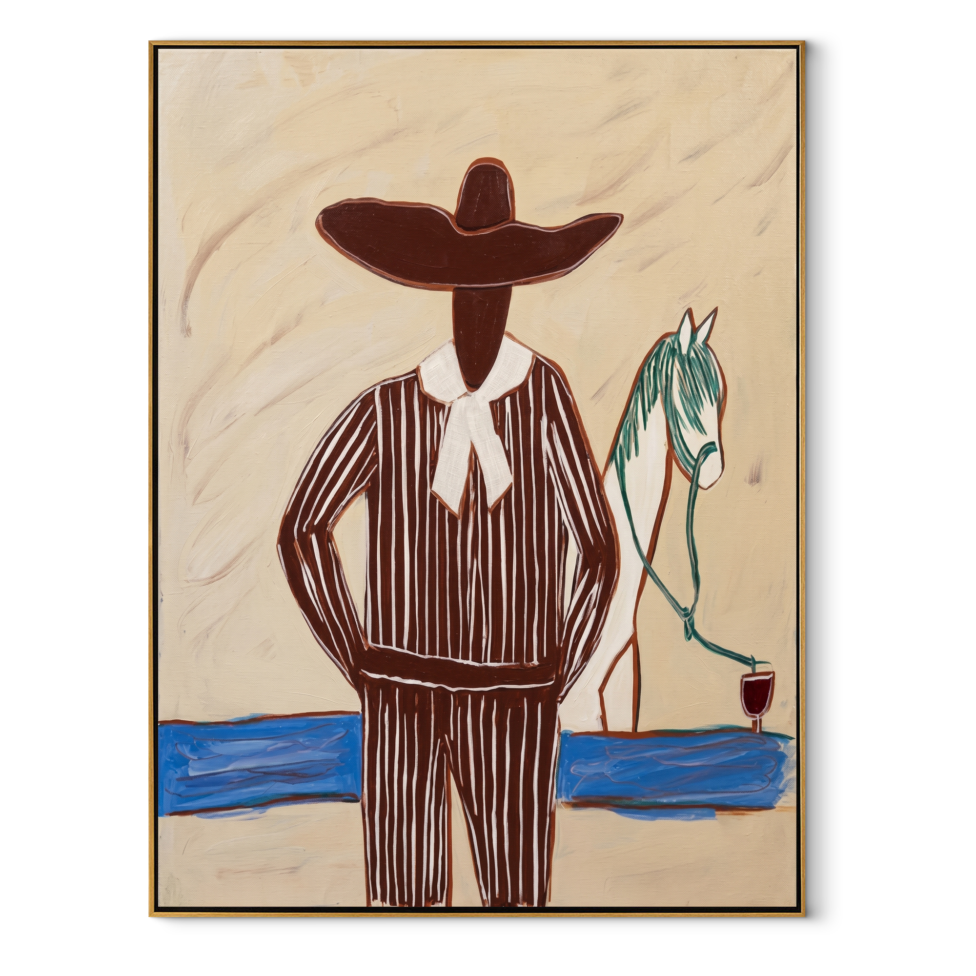 Brown Brim Walks Water abstract figurative textured painting, vertical canvas artwork