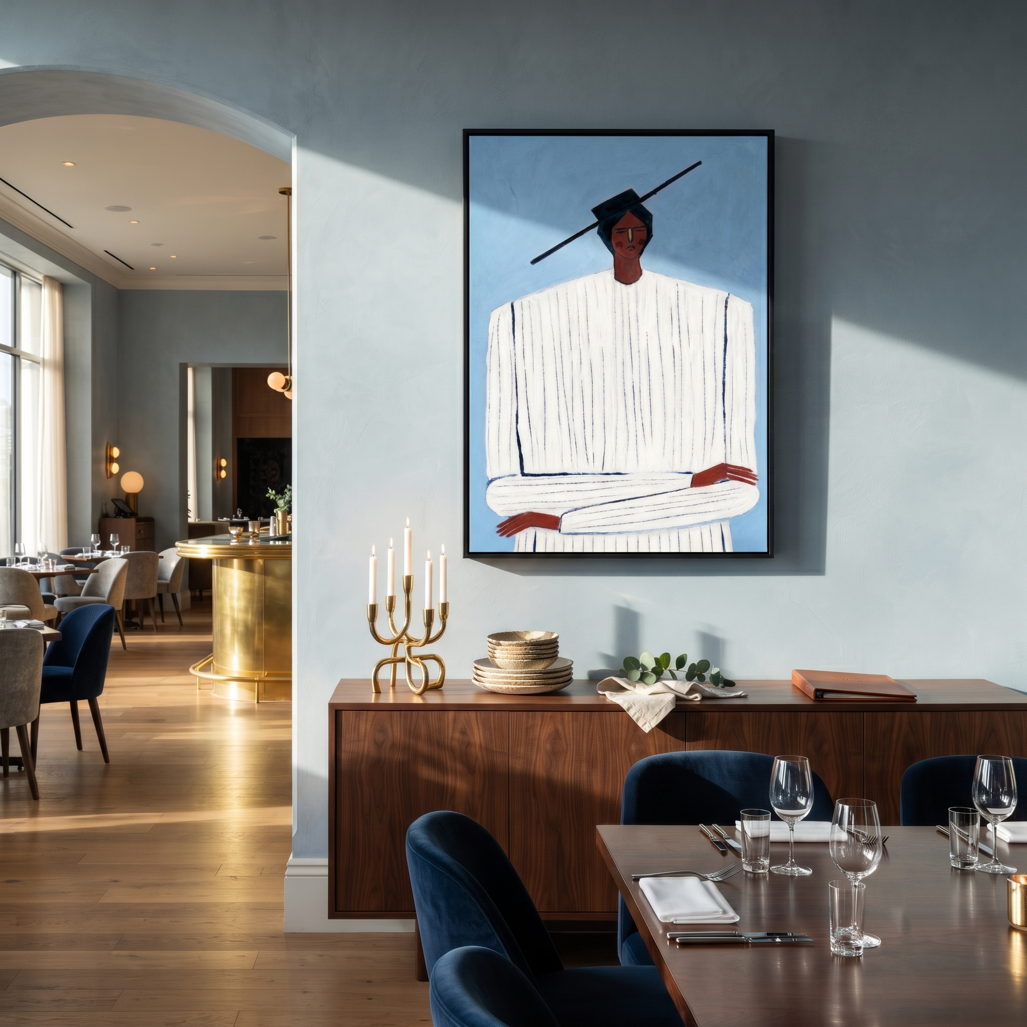 White Lines Meet Sky presented above a contemporary console