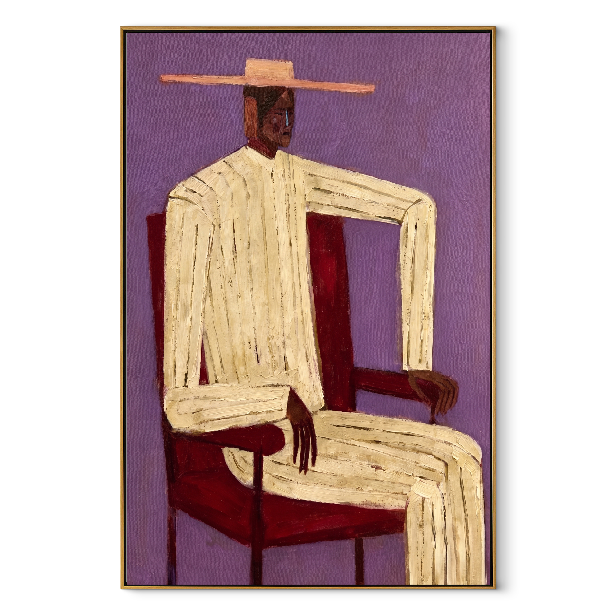 Cream Angles Sit Violet abstract figurative textured painting, vertical canvas artwork