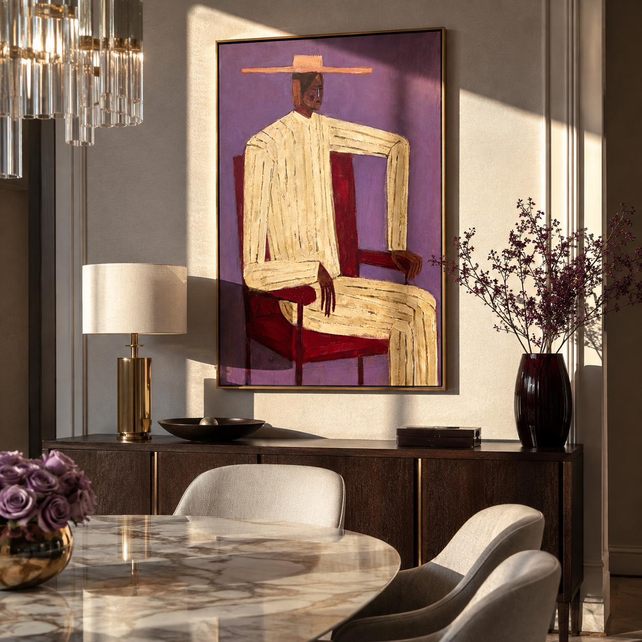 Cream Angles Sit Violet styled with neutral modern furnishings