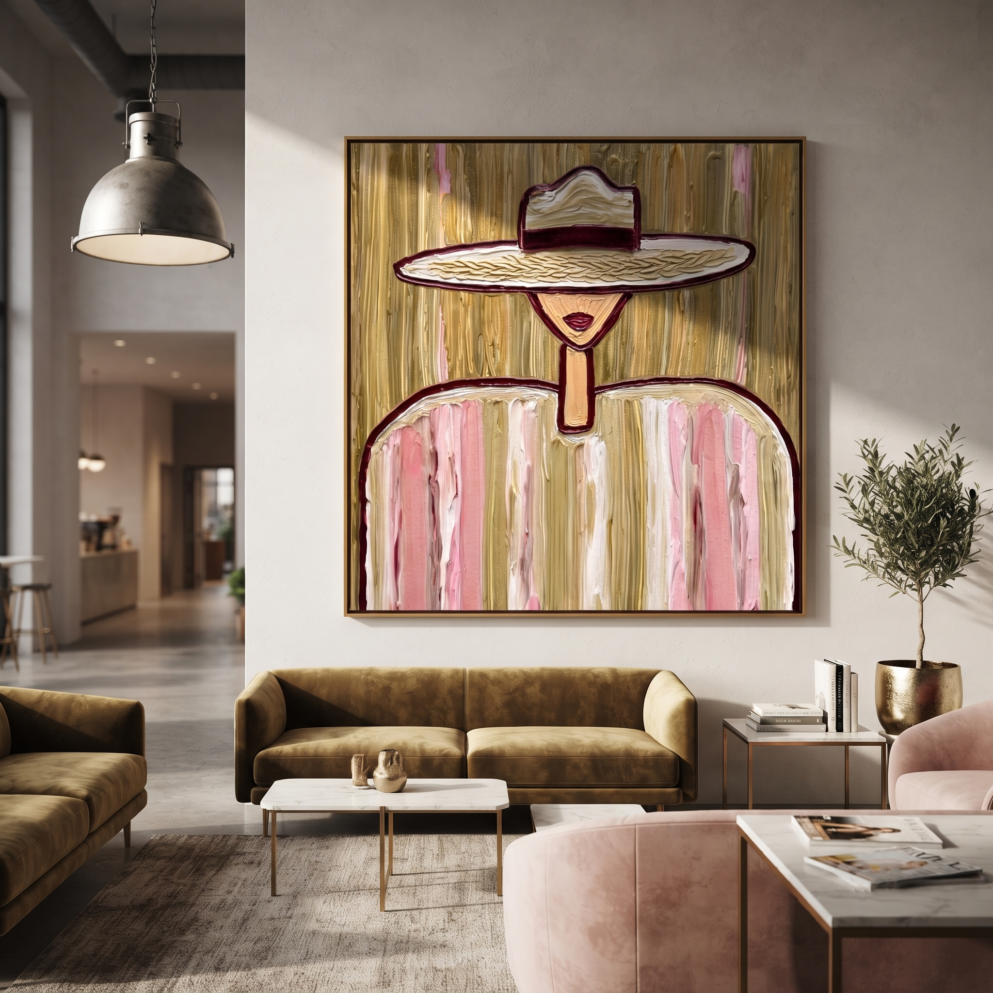 Pink Lines Hold Gold displayed in a warm contemporary interior