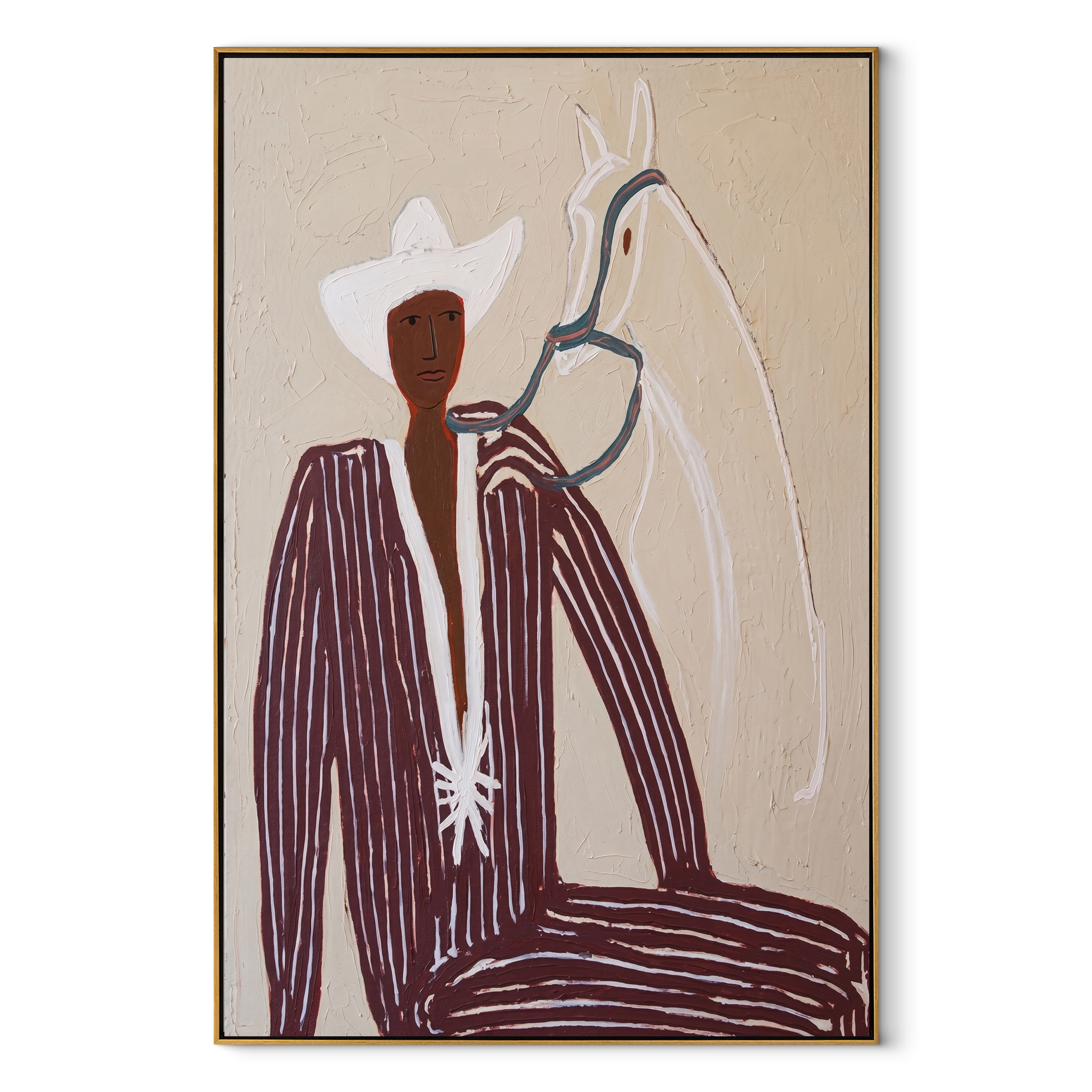 White Rider Shares Sand abstract figurative textured painting, vertical canvas artwork