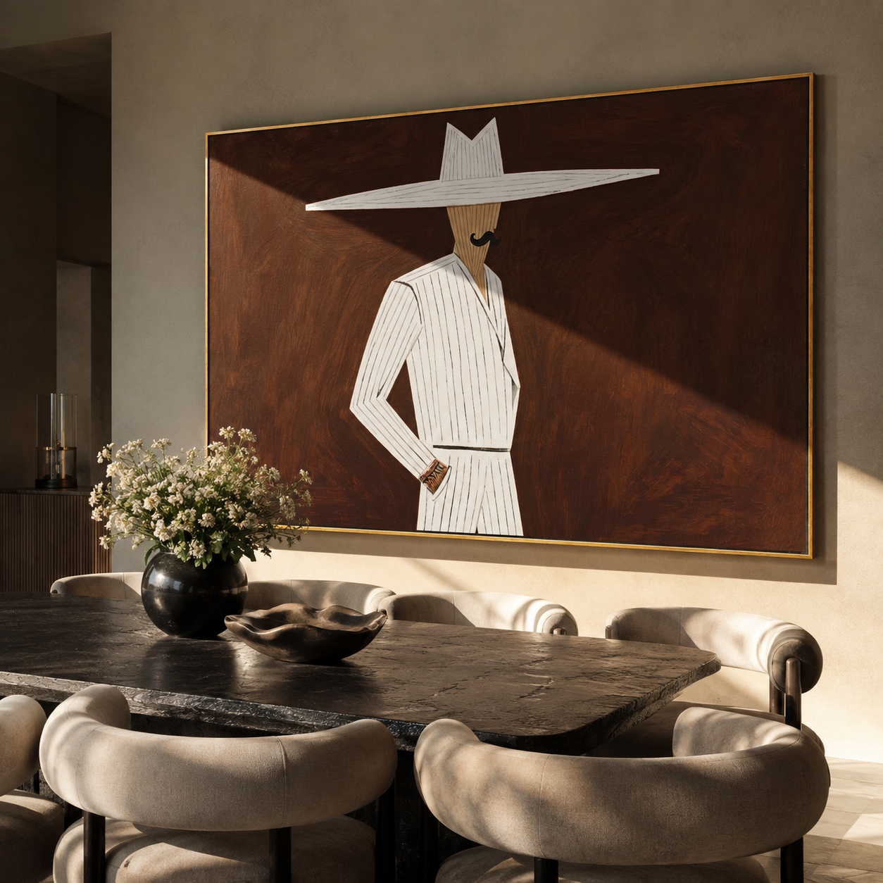 White Suit Cuts Umber styled with neutral modern furnishings
