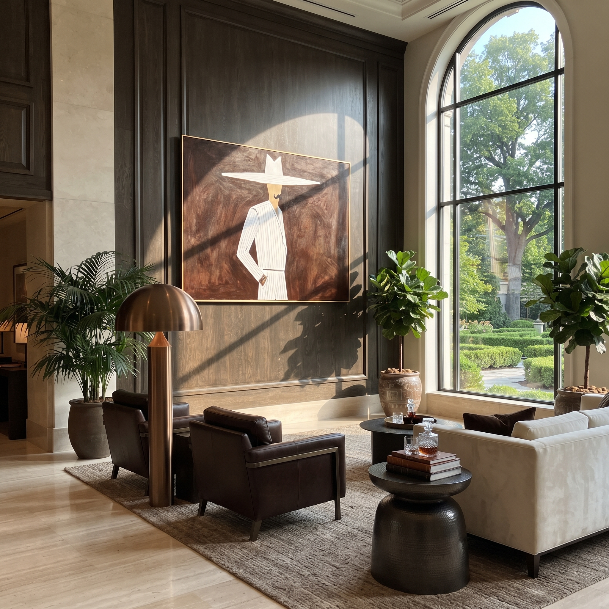 White Suit Cuts Umber styled in a layered residential interior