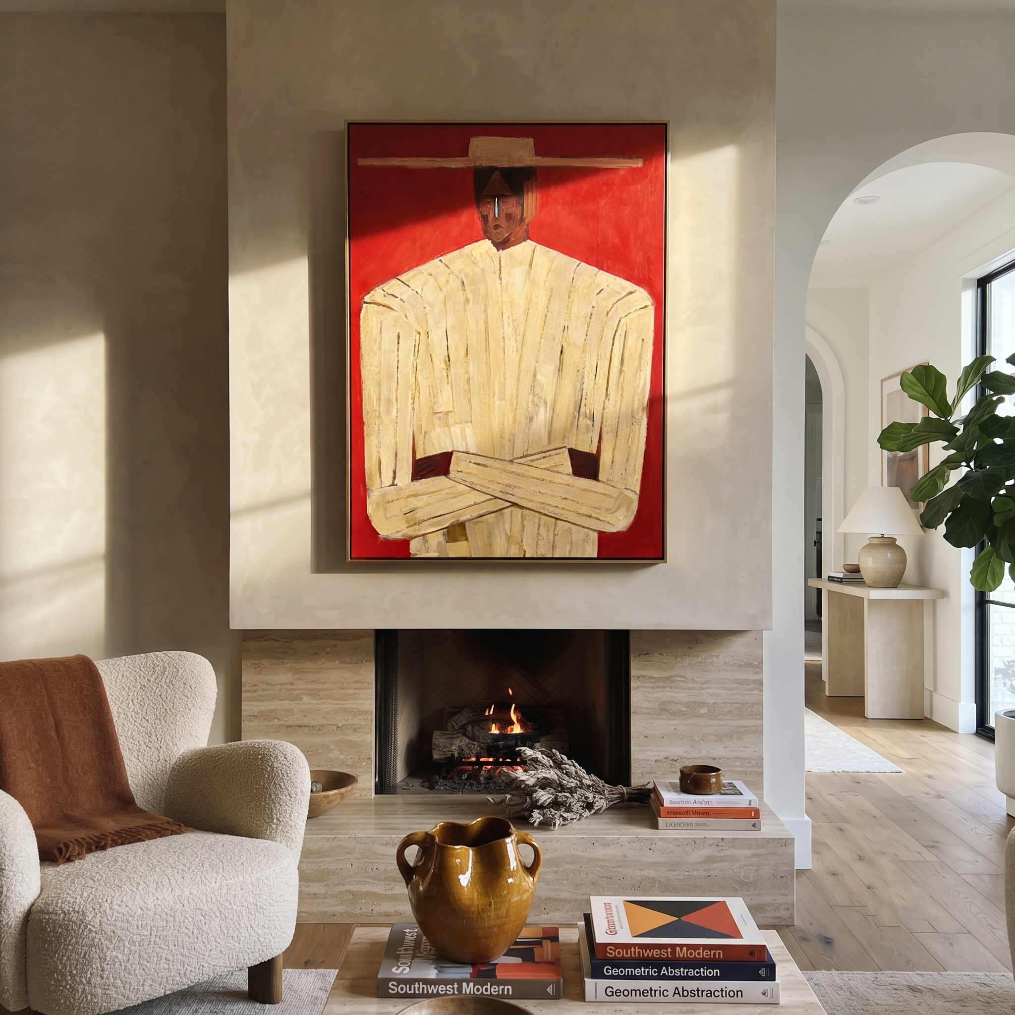 Cream Figure Meets Red presented above a contemporary console