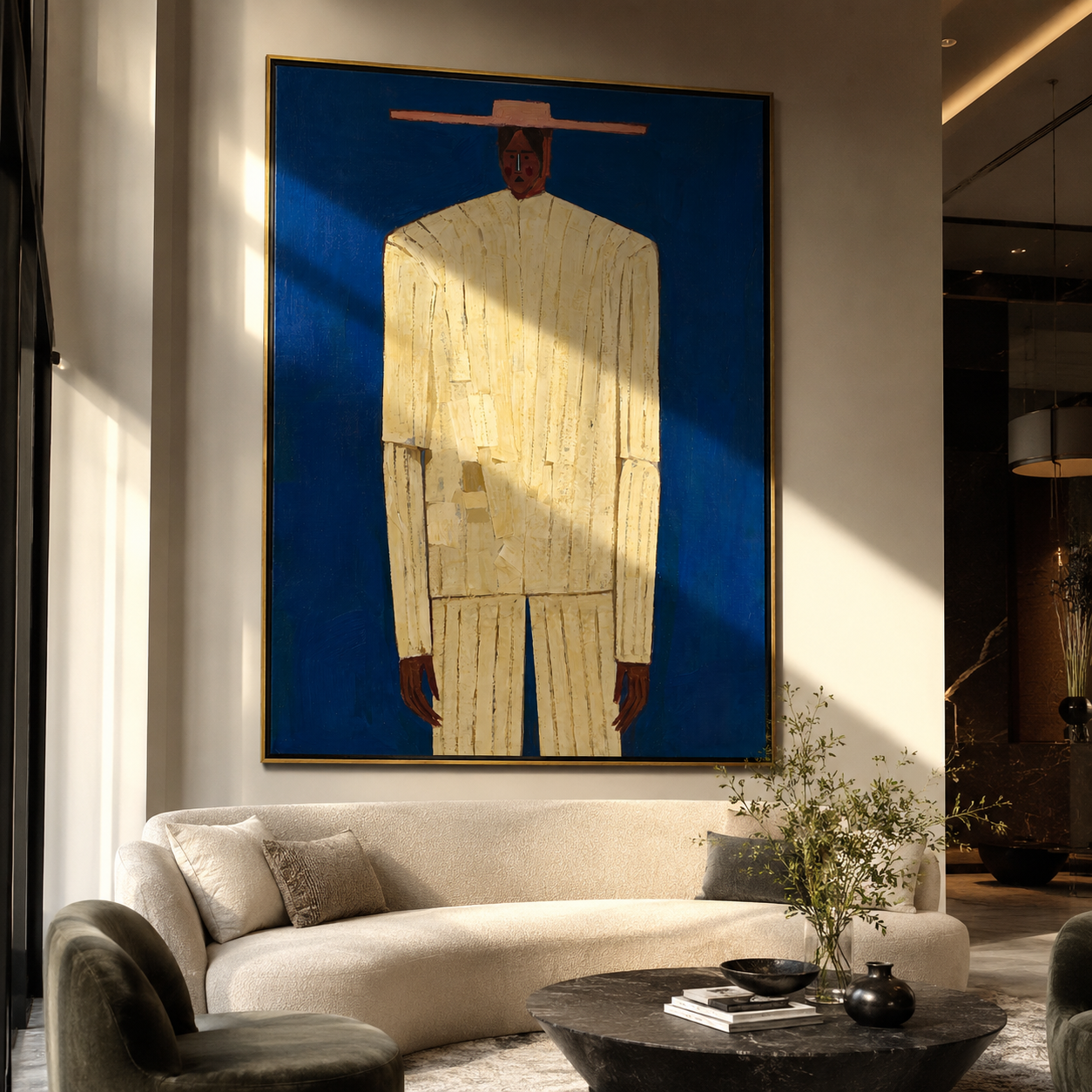Cobalt Holds Cream Figure displayed in a warm contemporary interior