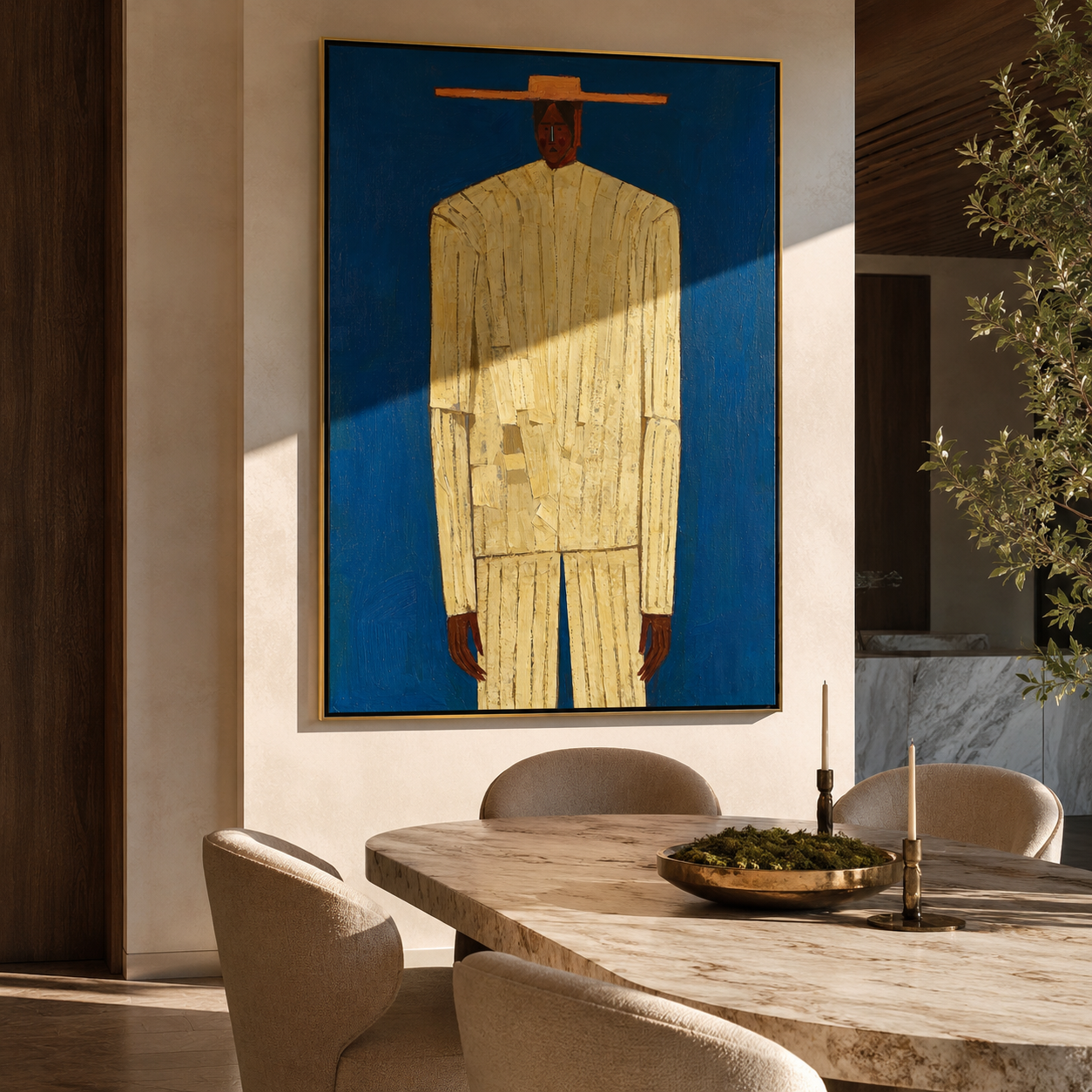 Cobalt Holds Cream Figure styled with neutral modern furnishings