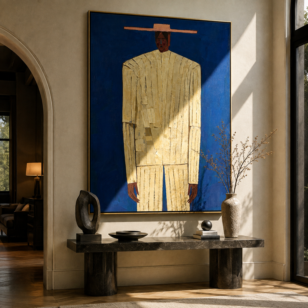 Cobalt Holds Cream Figure displayed as a modern room focal point