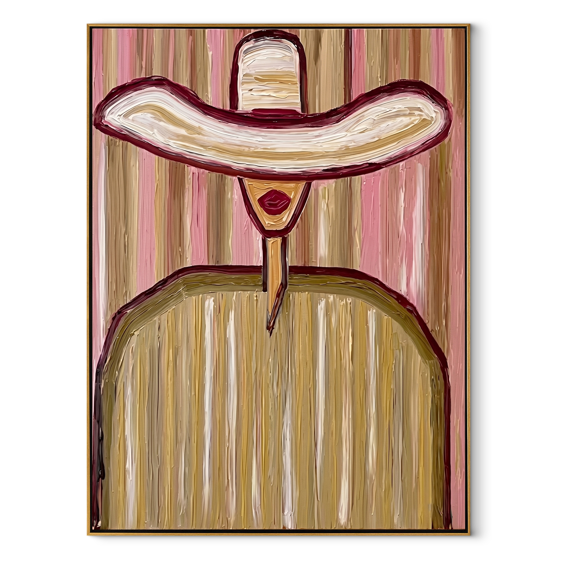 Pink Rings Shelter Gold abstract figurative textured painting, vertical canvas artwork