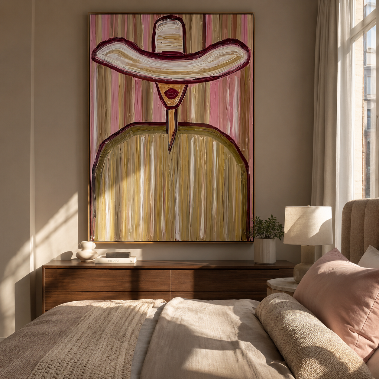 Pink Rings Shelter Gold styled with neutral modern furnishings