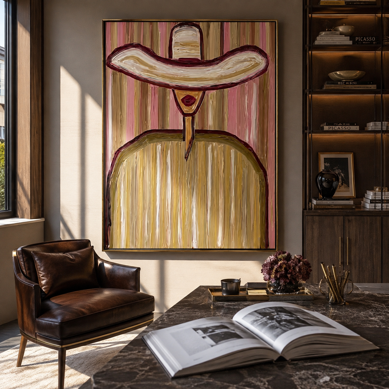 Pink Rings Shelter Gold presented above a contemporary console