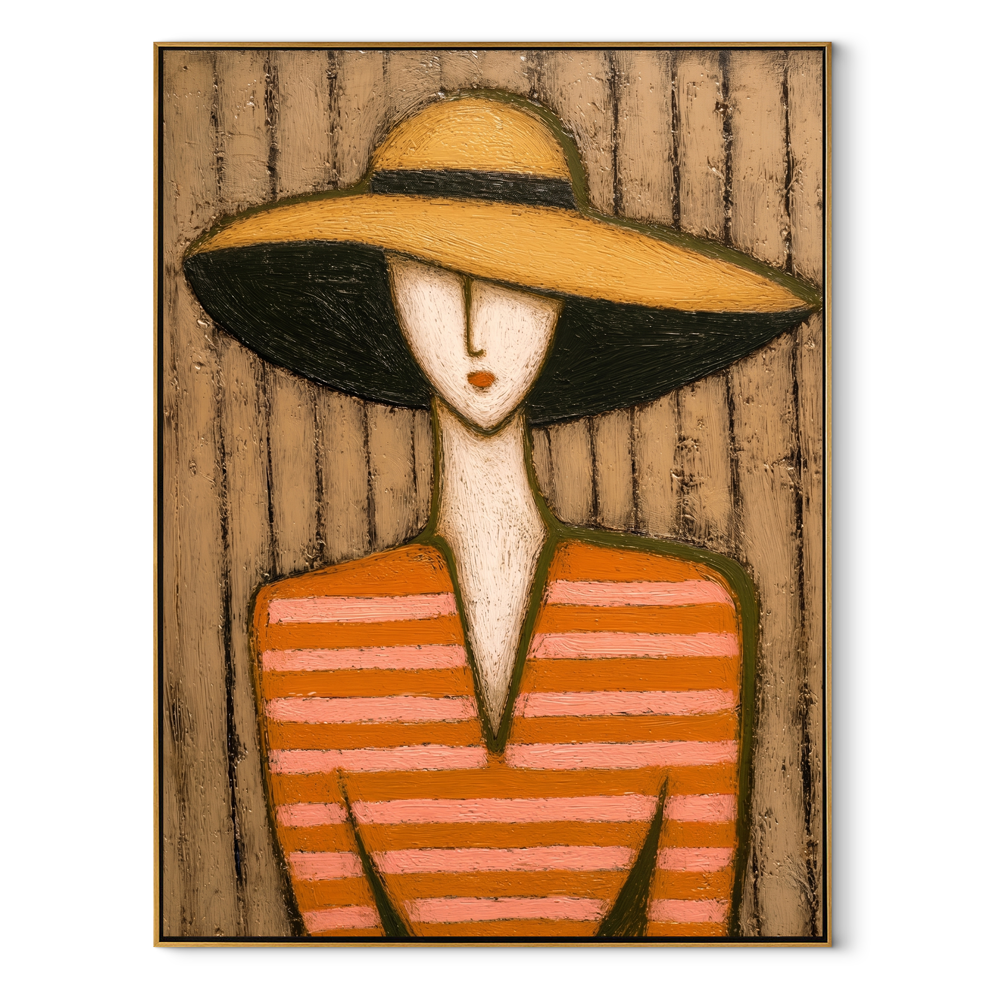 Golden Shade Meets Coral abstract figurative textured painting, vertical canvas artwork