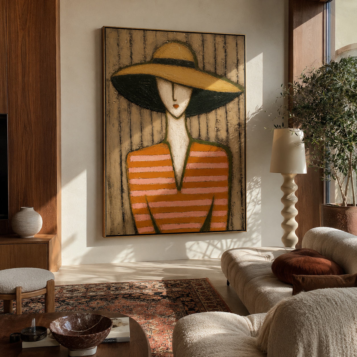 Golden Shade Meets Coral presented above a contemporary console