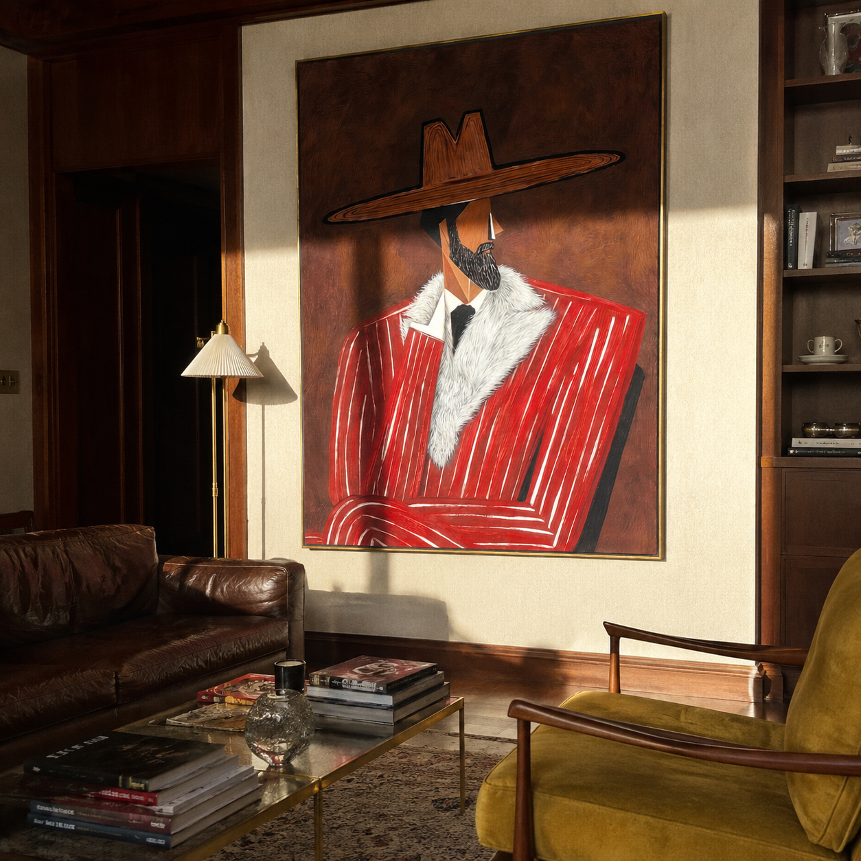 Fur Collar Meets Crimson displayed in a warm contemporary interior