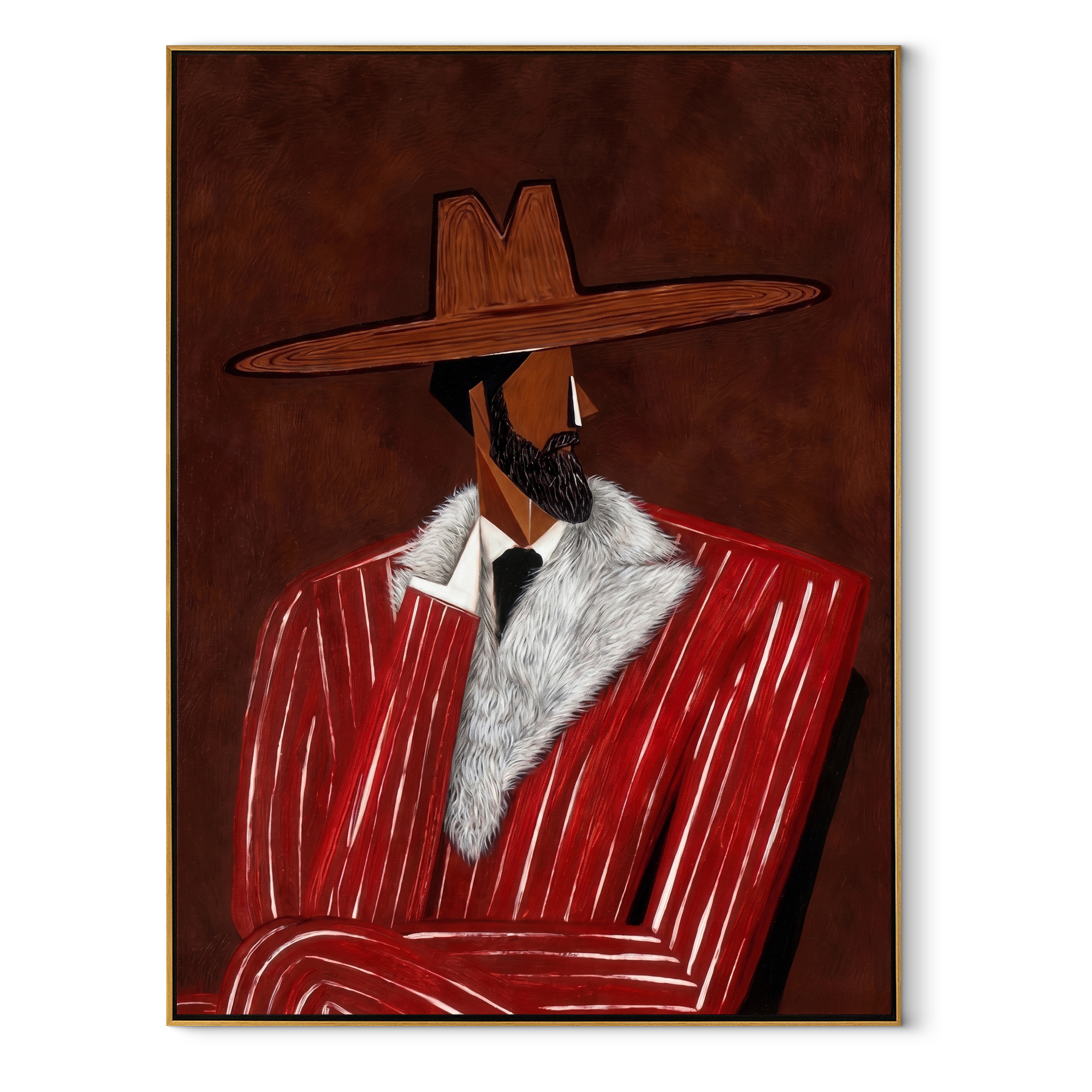 Fur Collar Meets Crimson abstract figurative textured painting, vertical canvas artwork