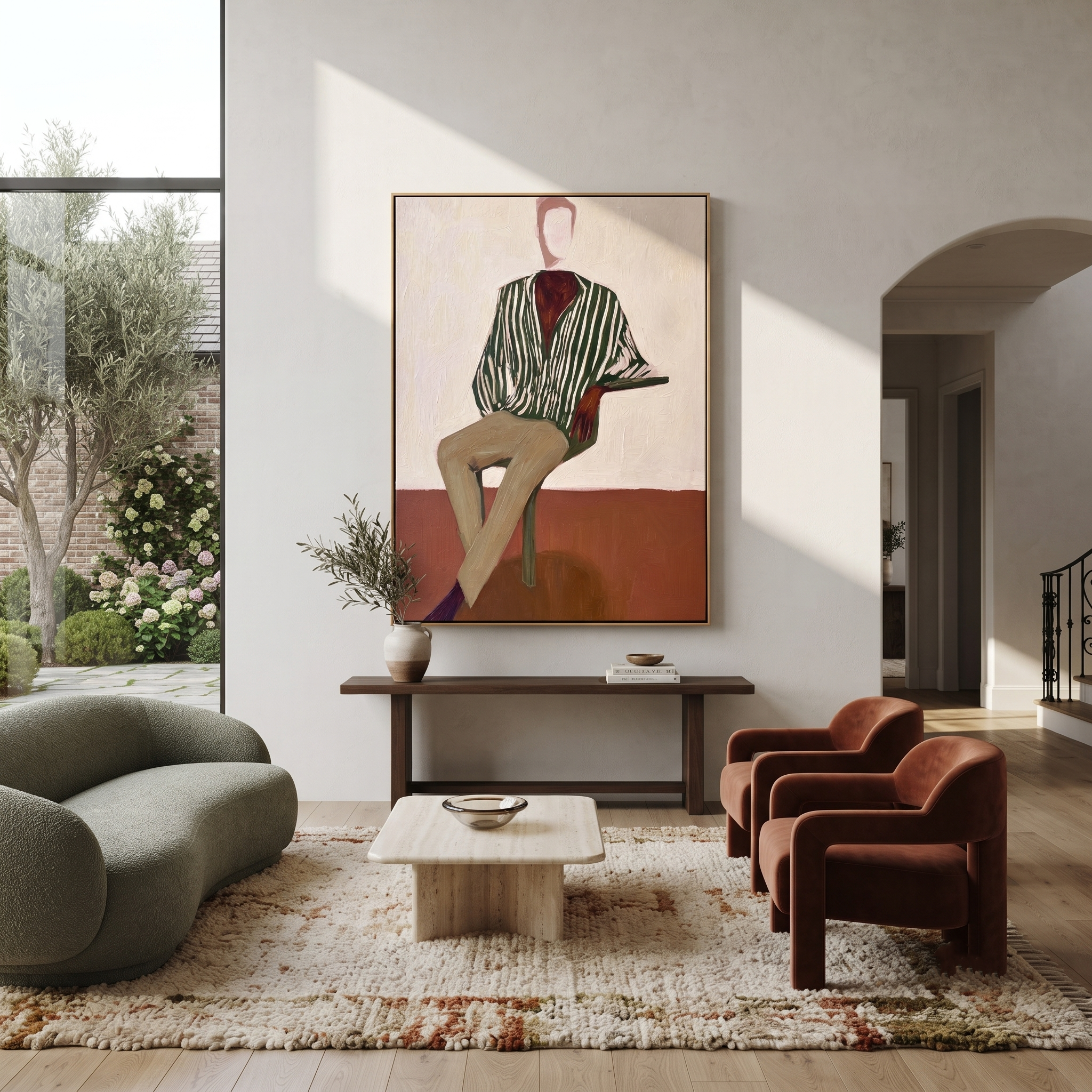 Green Stripes at Dusk displayed in a warm contemporary interior