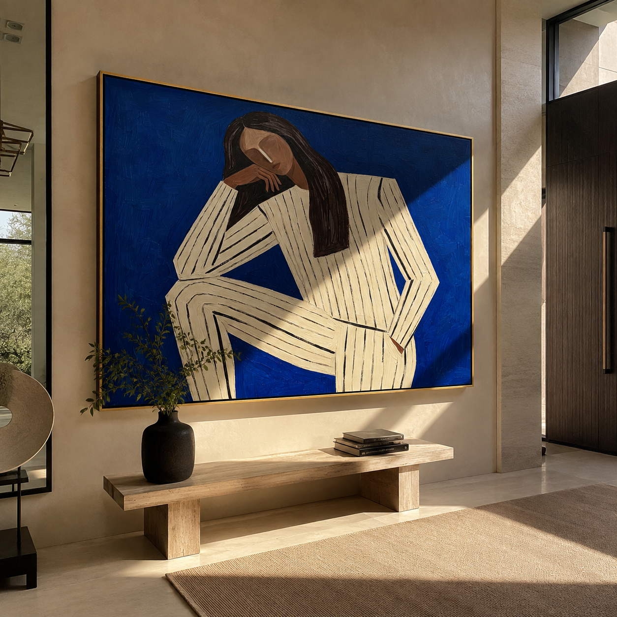 Blue Silence Leans Inward displayed as a modern room focal point
