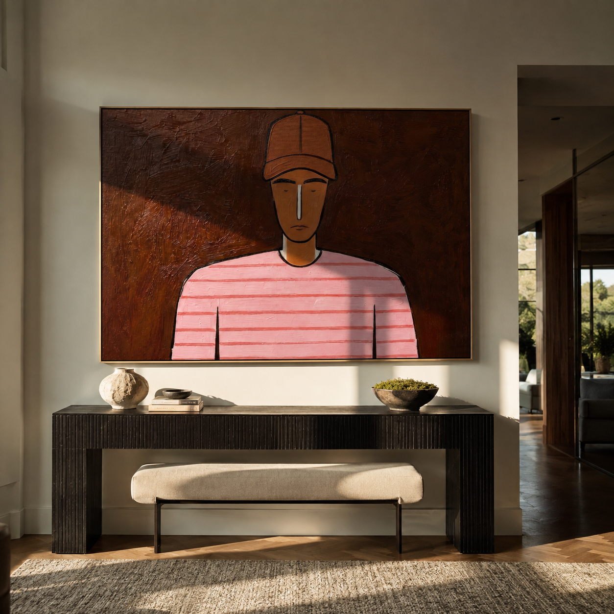 Pink Lines Face Umber displayed in a warm contemporary interior