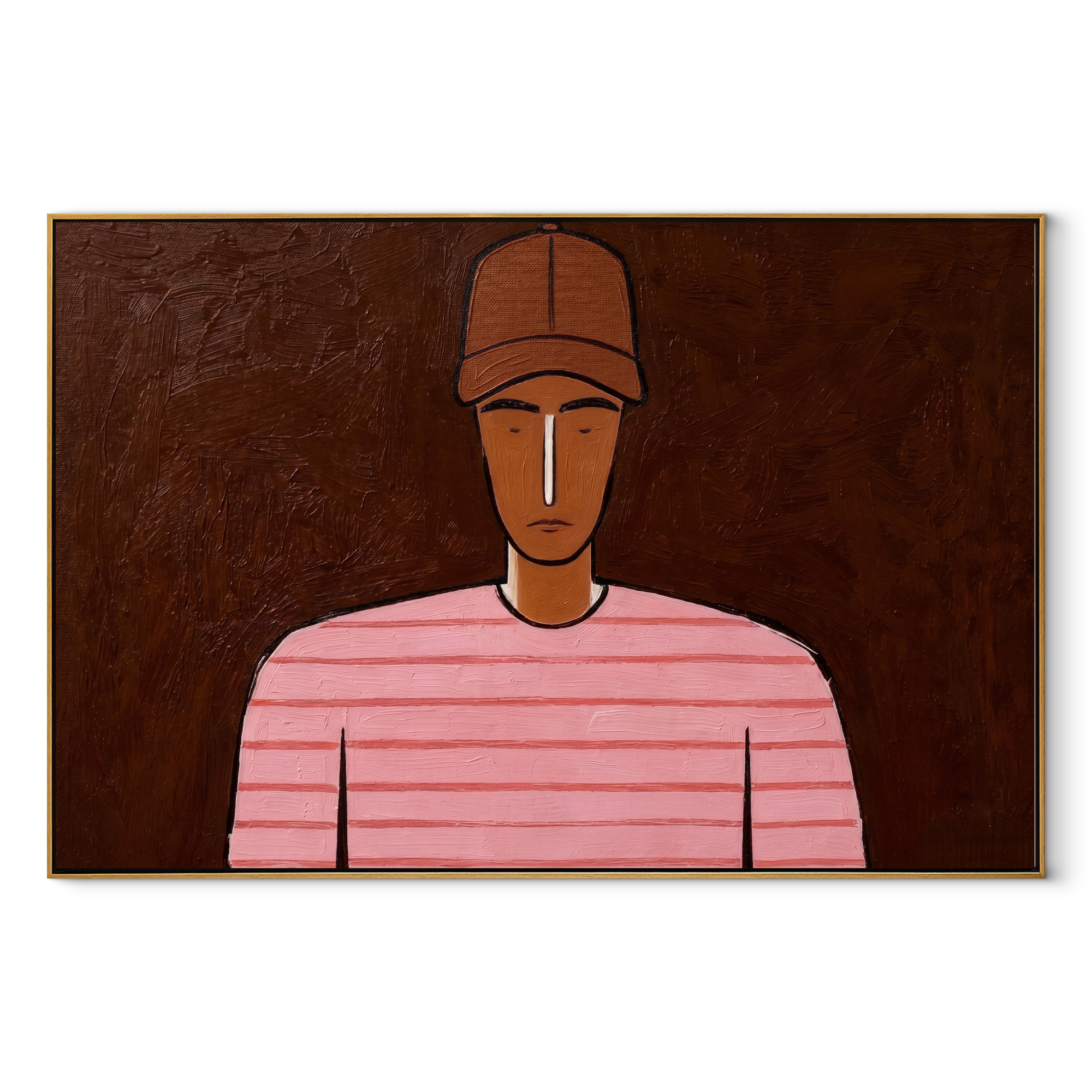 Pink Lines Face Umber abstract figurative textured painting, horizontal canvas artwork