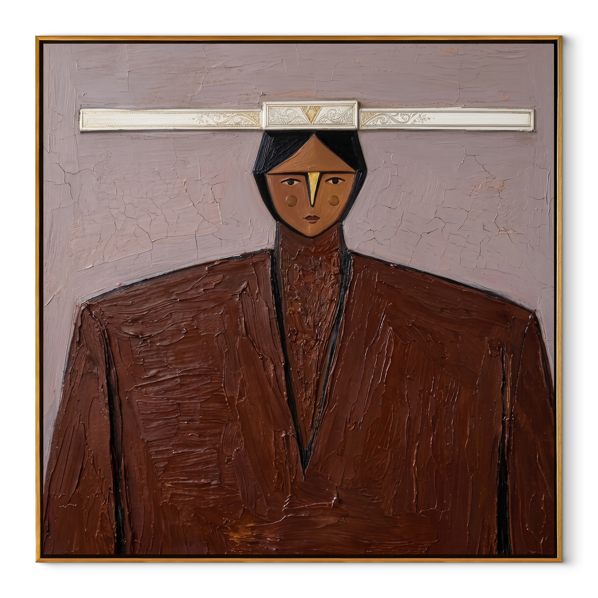 Silver Horizon Guards Brown abstract figurative textured painting, square canvas artwork