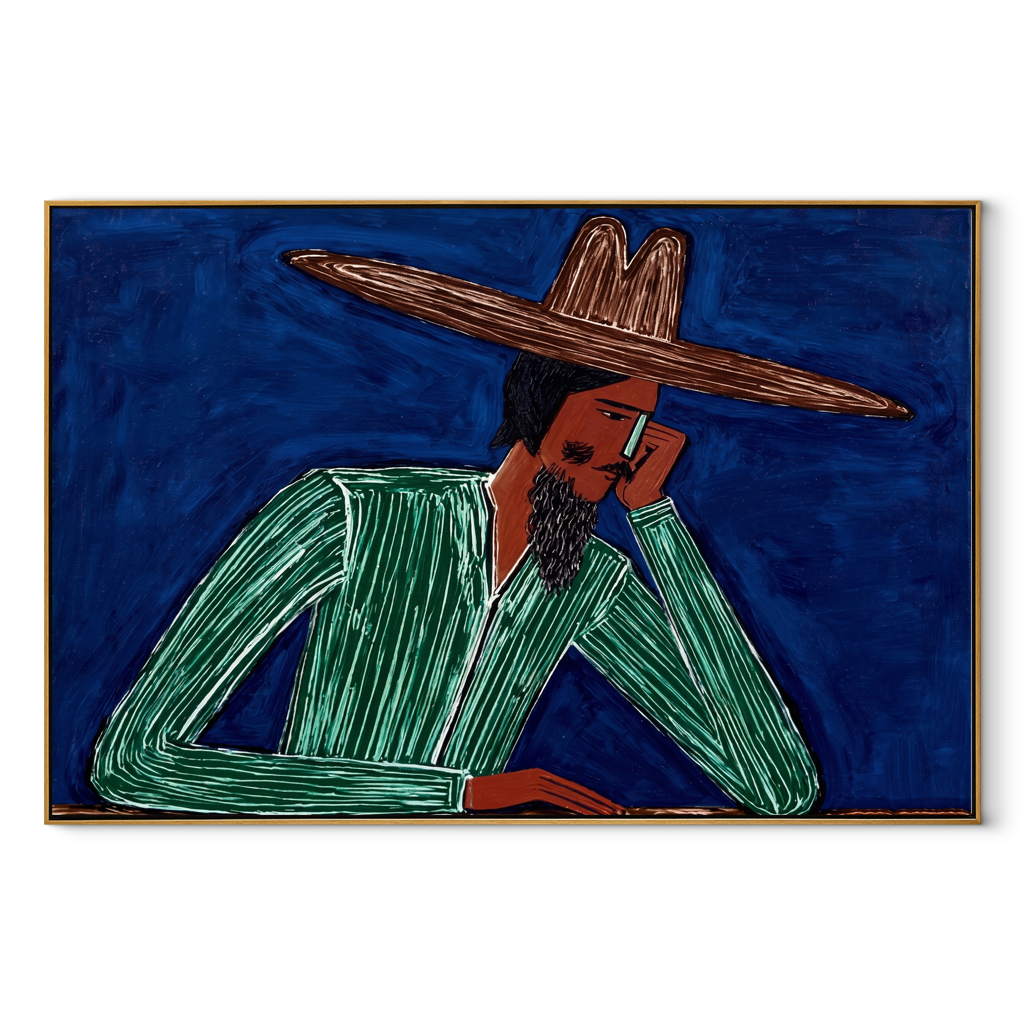 Cobalt Thought Rests Green abstract figurative textured painting, horizontal canvas artwork