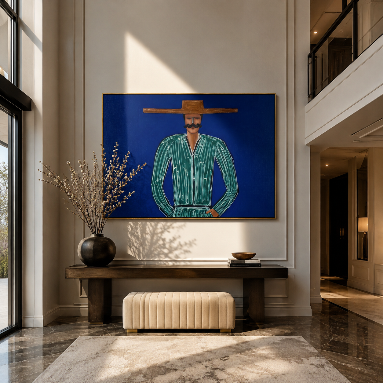 Green Lines Hold Cobalt styled with neutral modern furnishings