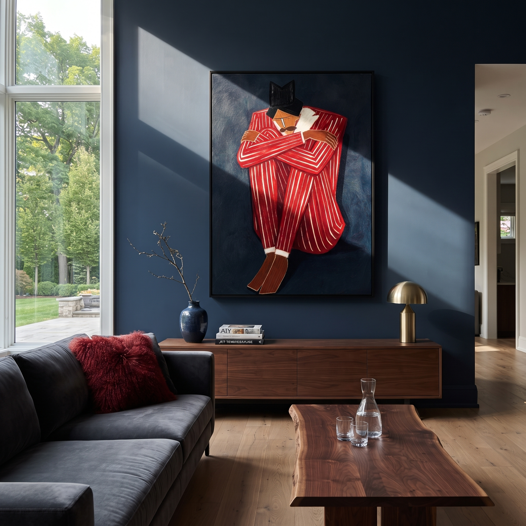Crimson Stripes Embrace Night displayed in a warm contemporary interior