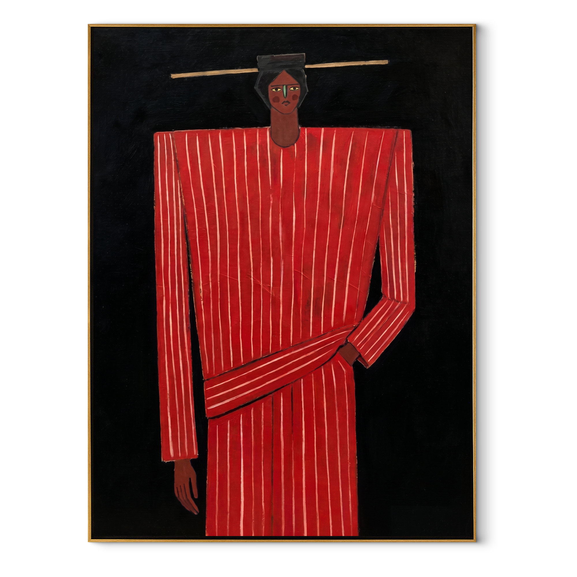 Scarlet Column Holds Still abstract figurative textured painting, vertical canvas artwork