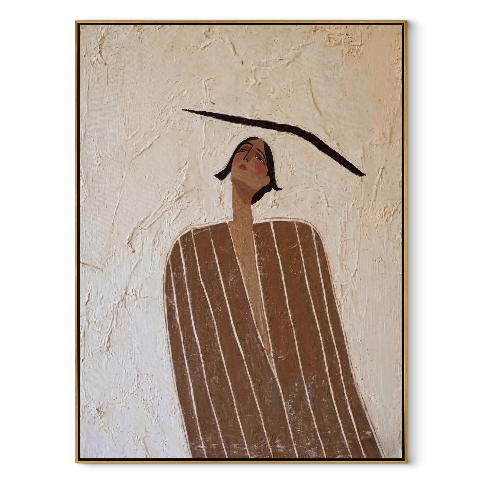 Brown Lines Look Upward abstract figurative textured painting, vertical canvas artwork