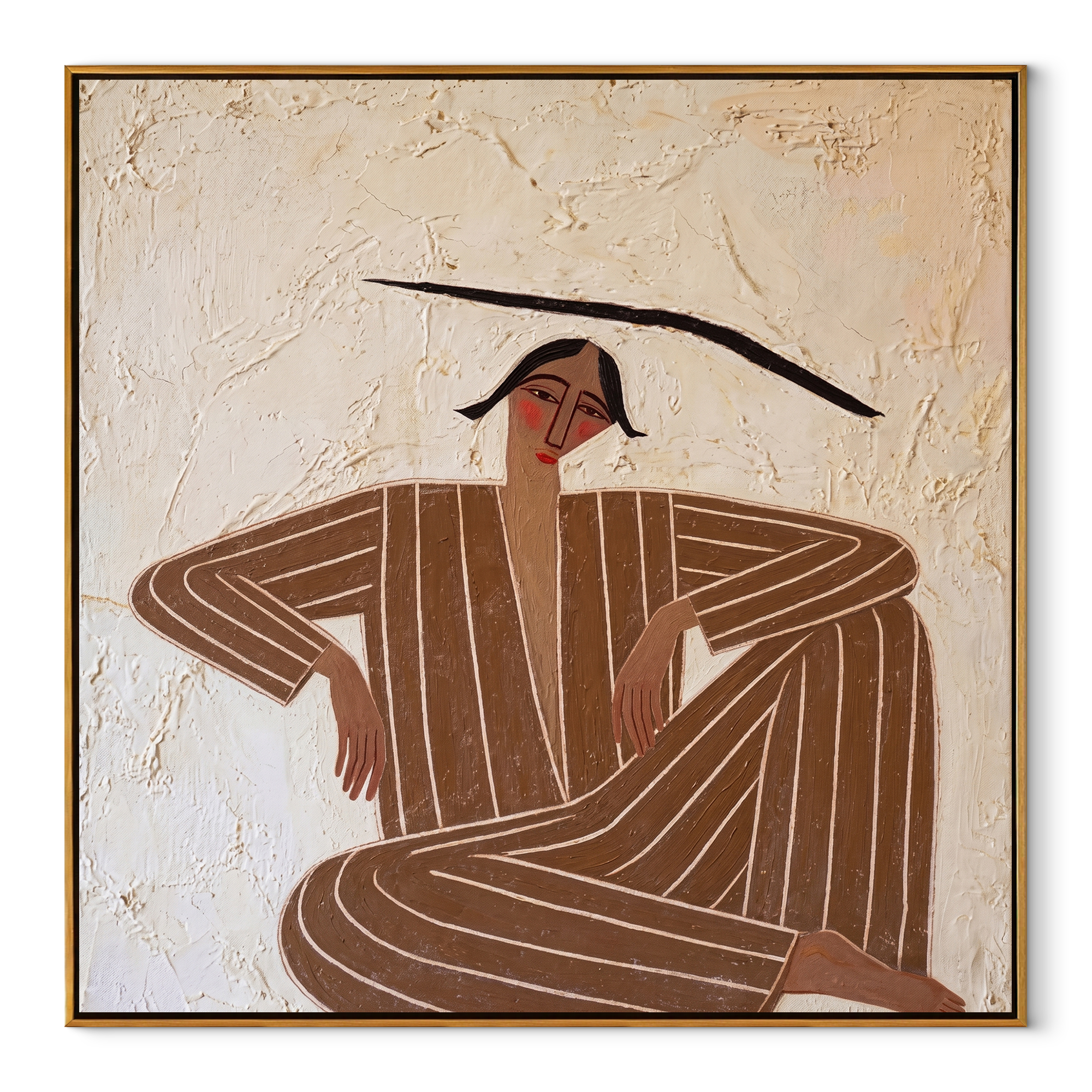 Brown Angles Sit Wide abstract figurative textured painting, square canvas artwork