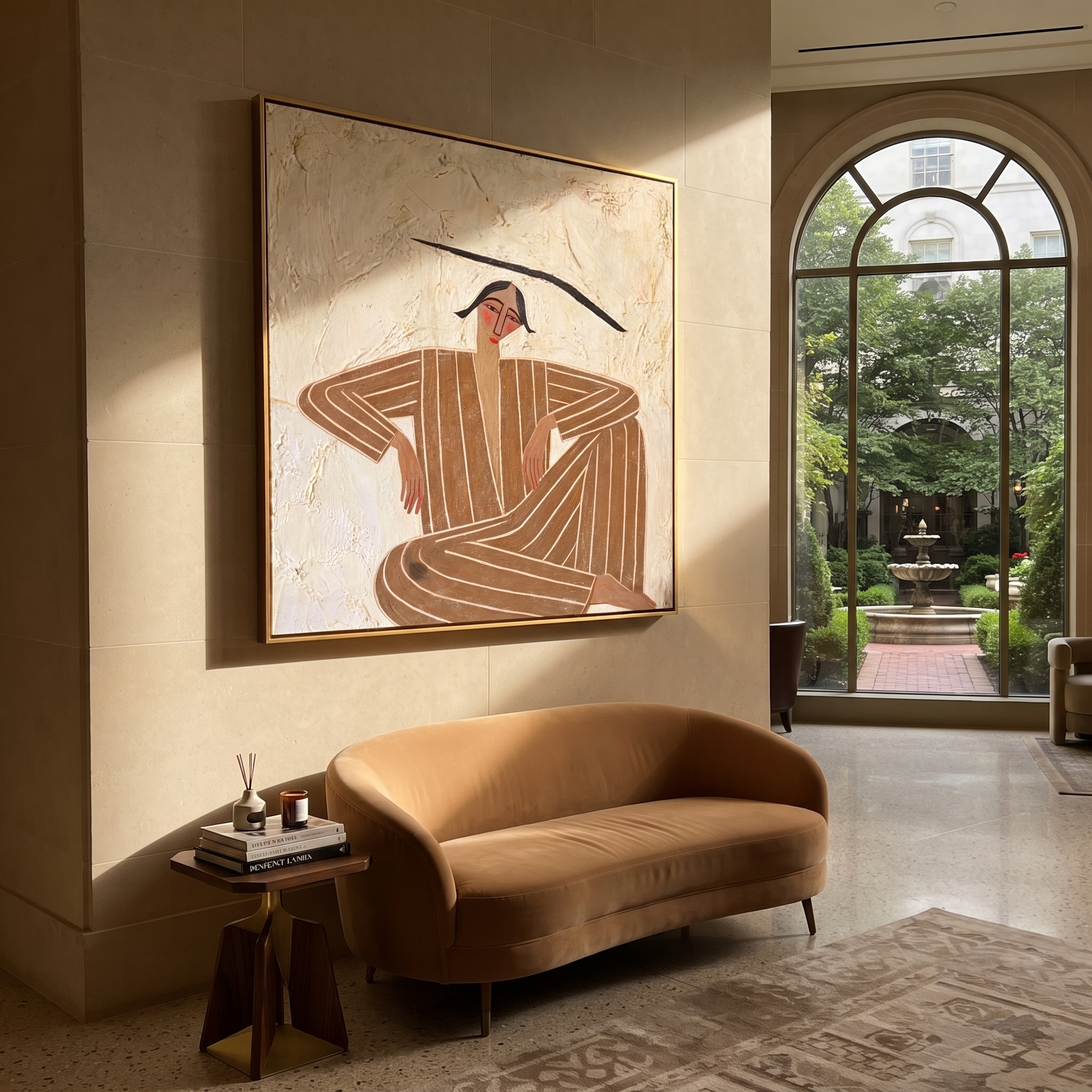 Brown Angles Sit Wide styled with neutral modern furnishings