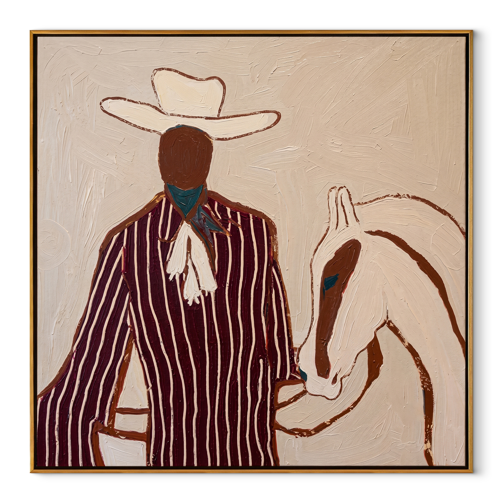 Burgundy Rider Shares Calm abstract figurative textured painting, square canvas artwork