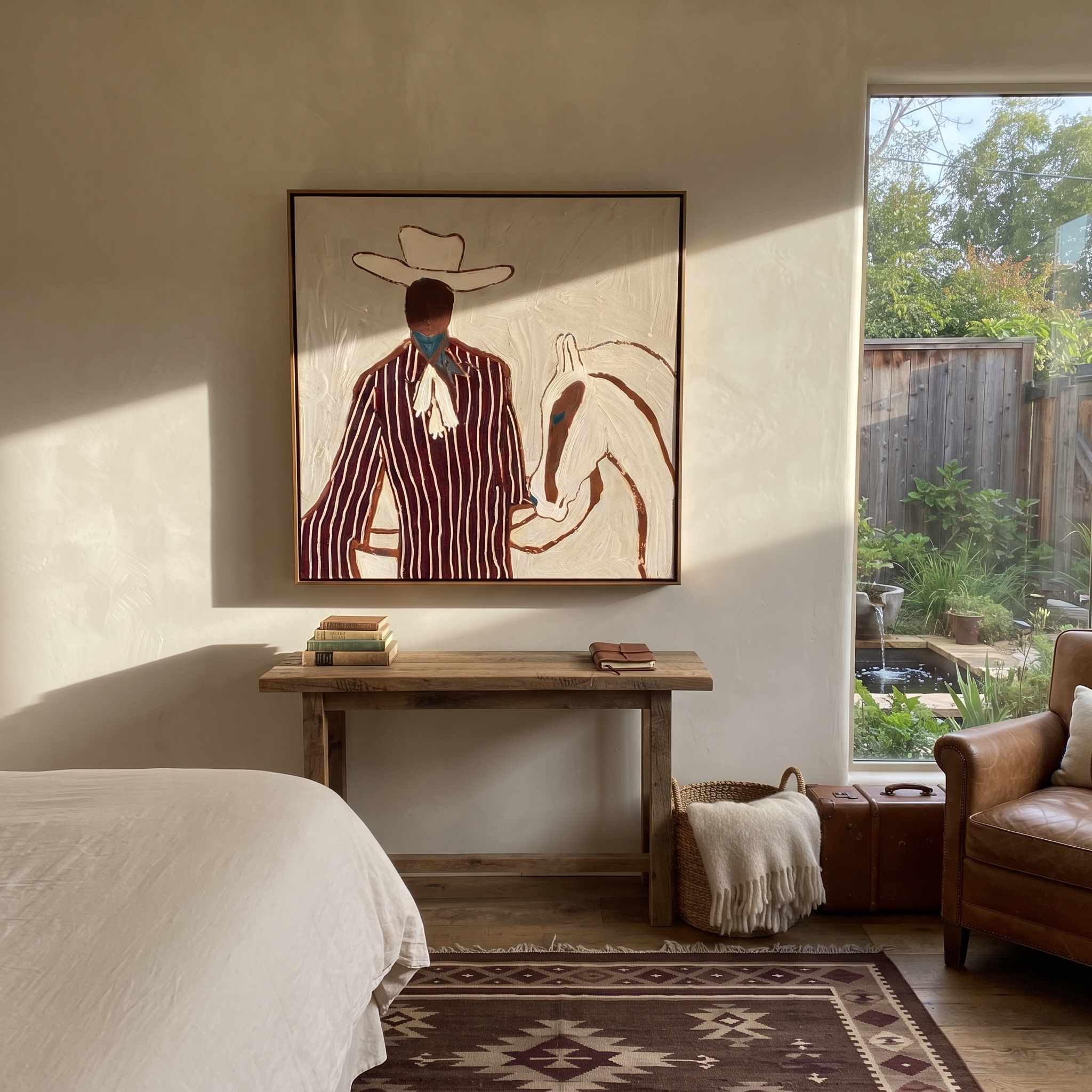 Burgundy Rider Shares Calm presented above a contemporary console