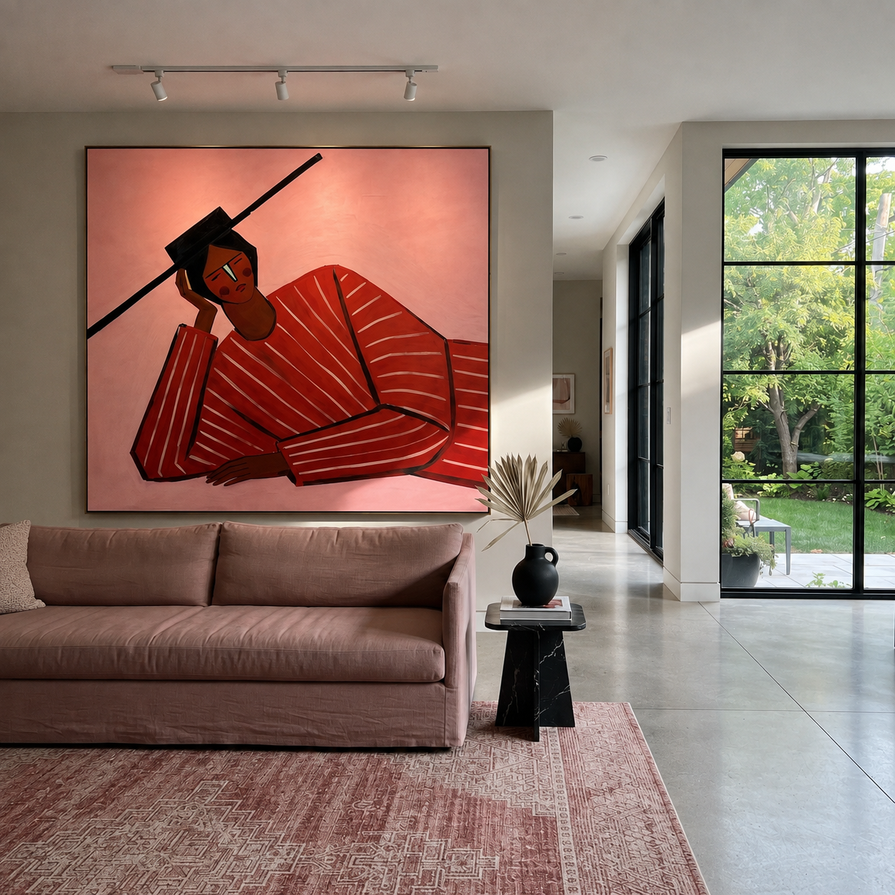 Scarlet Thought Leans Rose displayed in a warm contemporary interior