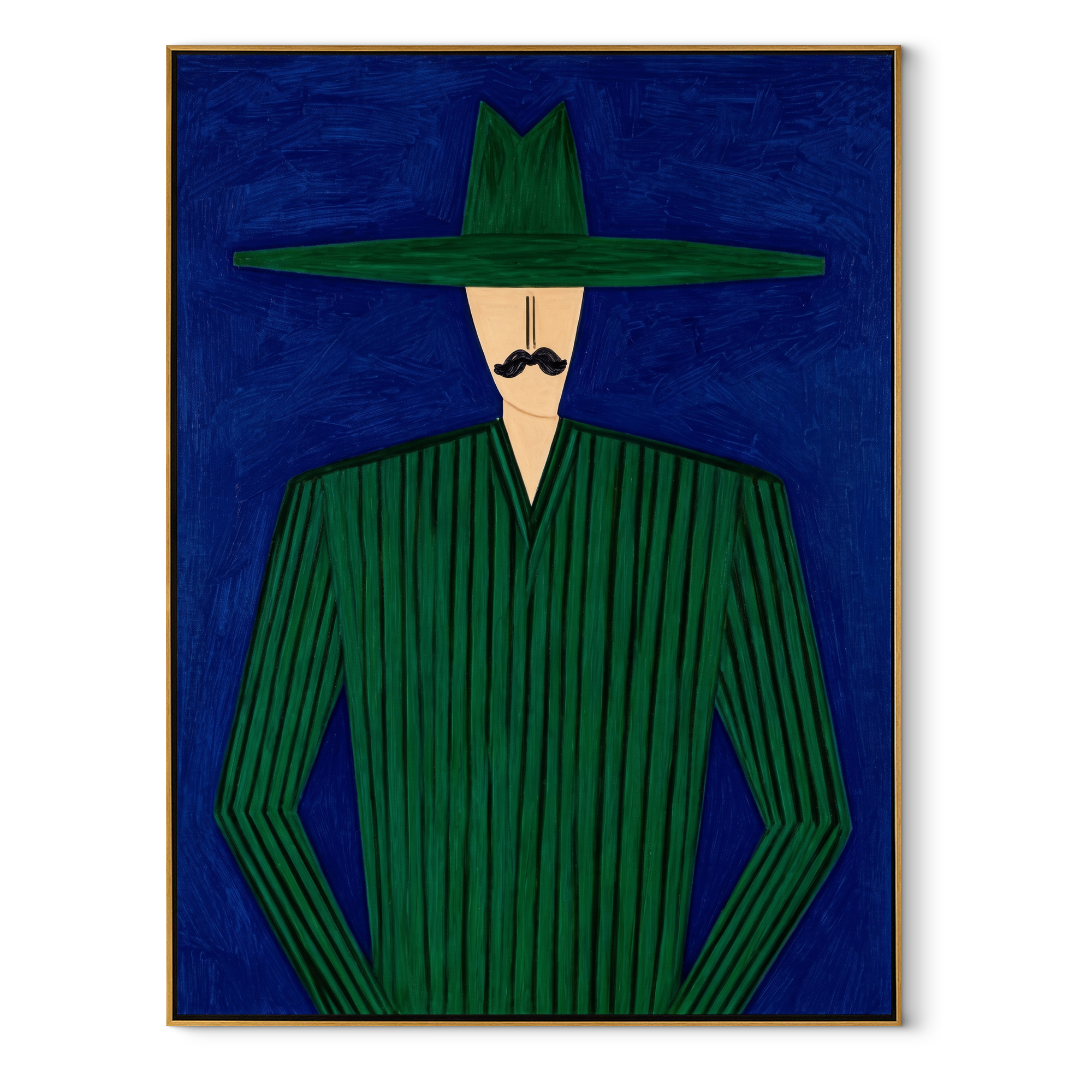 Emerald Lines Stand Cobalt abstract figurative textured painting, vertical canvas artwork