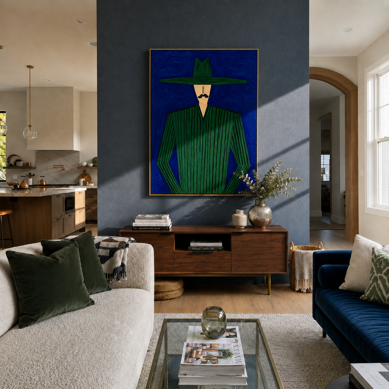Emerald Lines Stand Cobalt styled with neutral modern furnishings