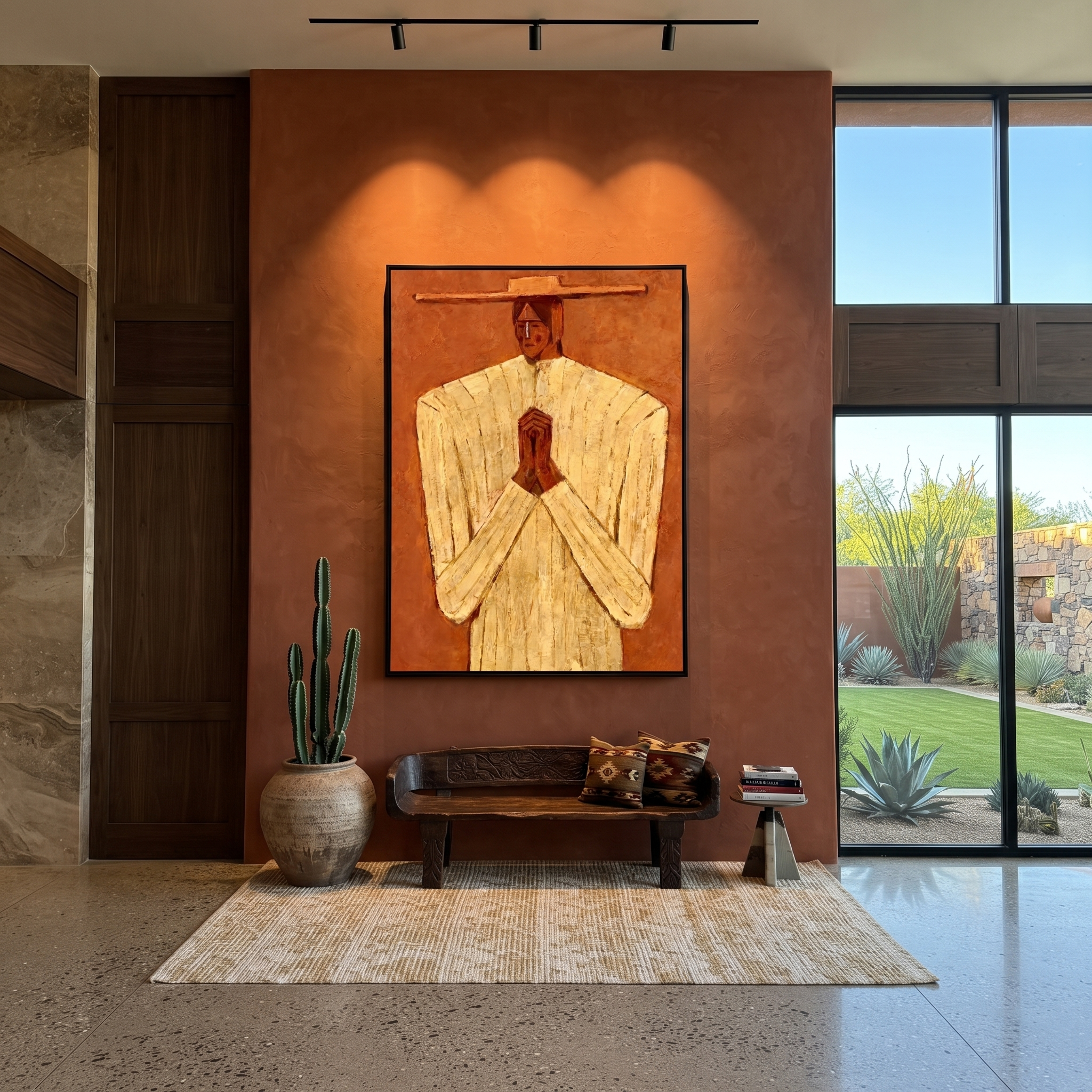 Ivory Hands Meet Terra presented above a contemporary console