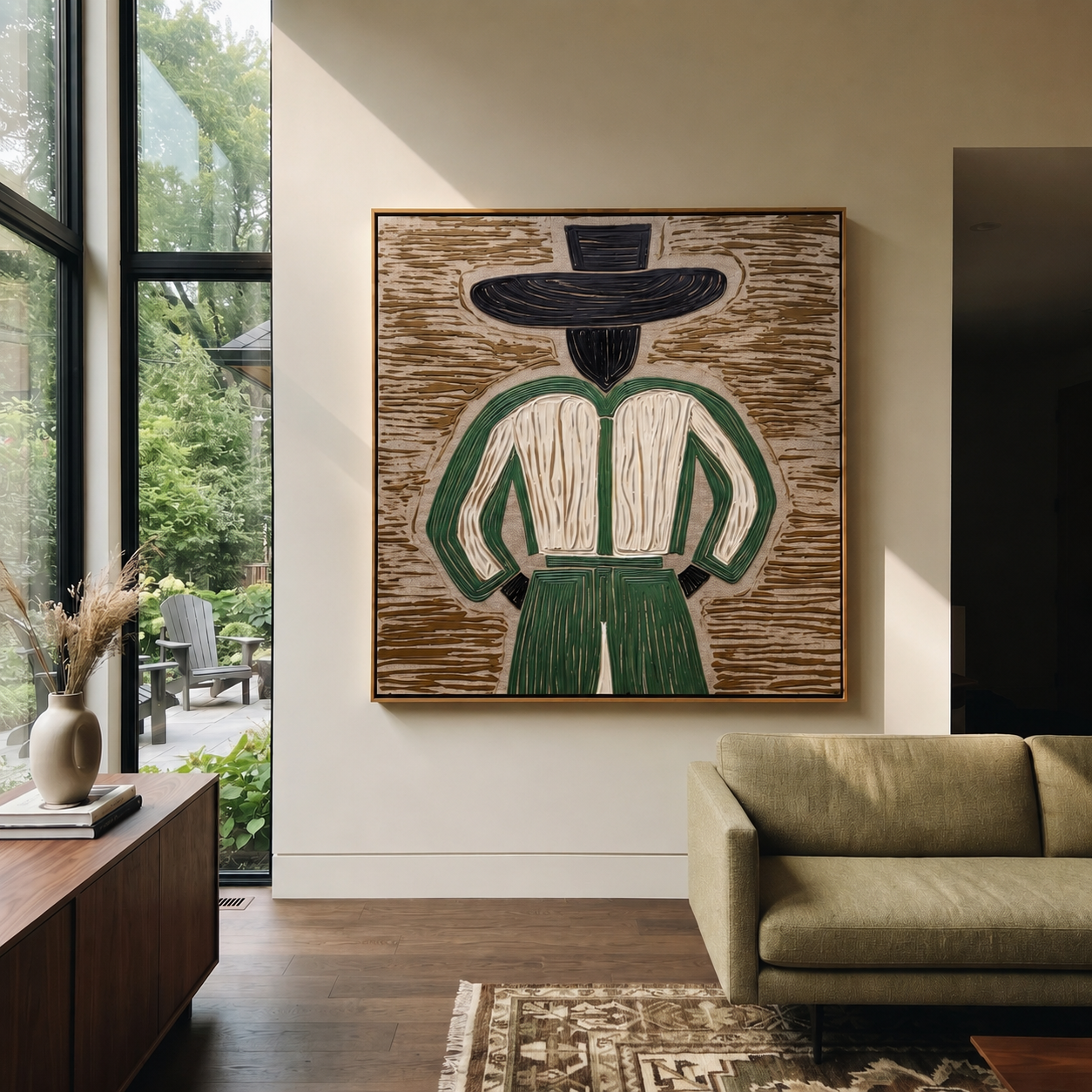 Green Back Turns Away styled with neutral modern furnishings