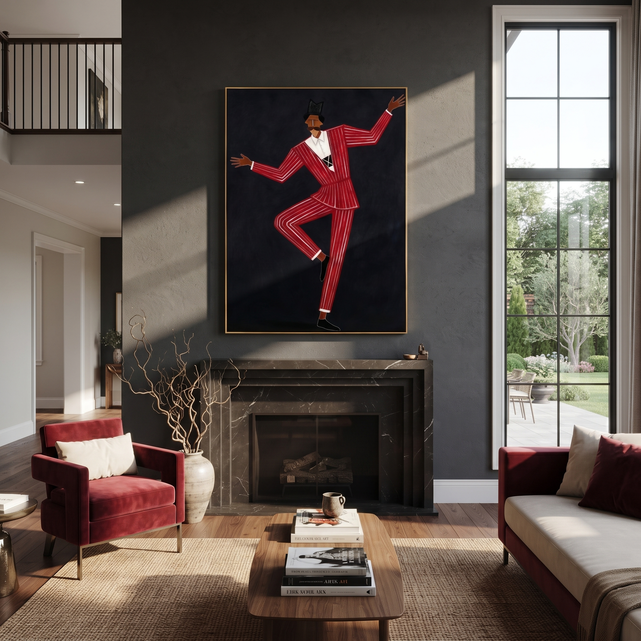 Scarlet Rhythm Takes Flight displayed in a warm contemporary interior