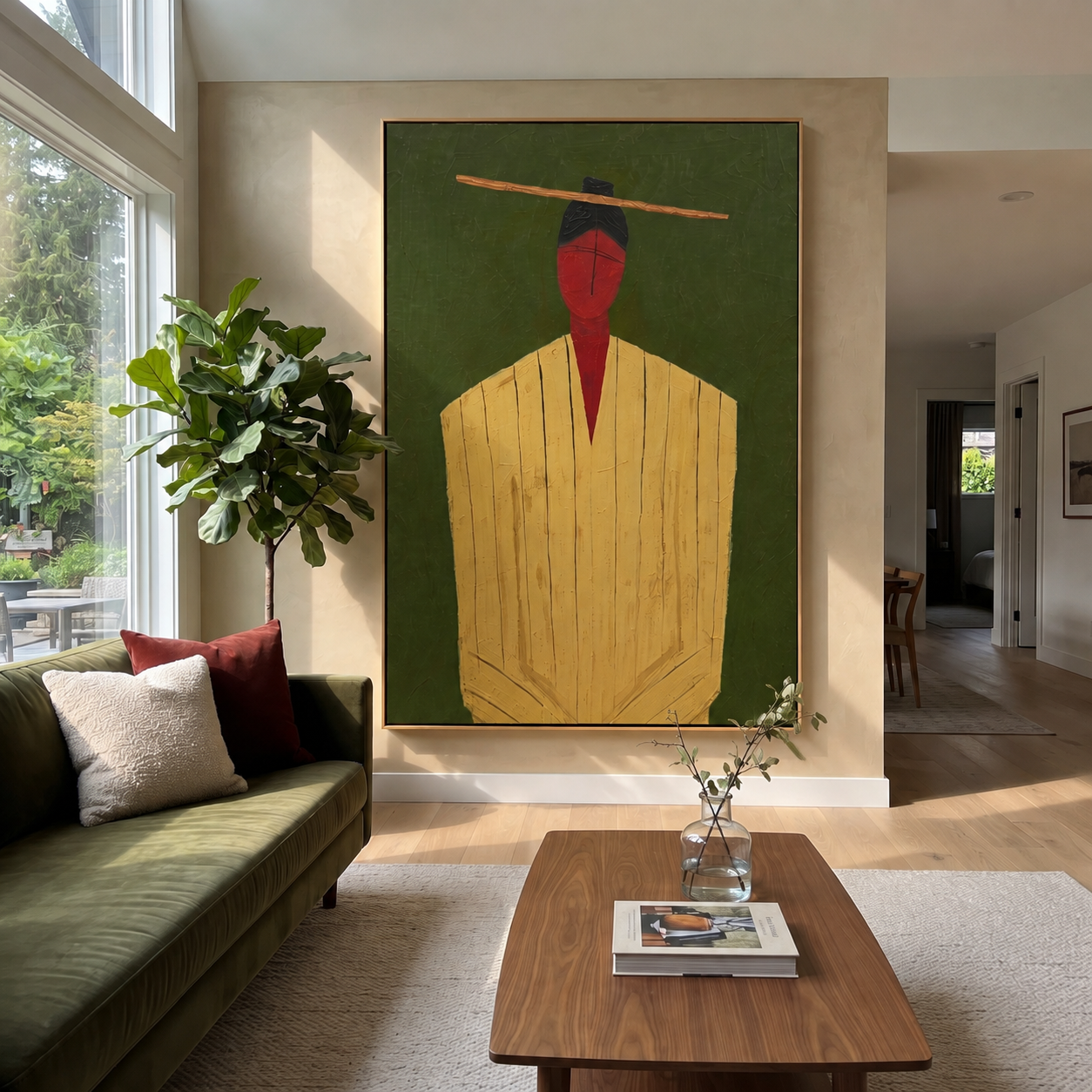 Golden Robe Holds Moss displayed in a warm contemporary interior