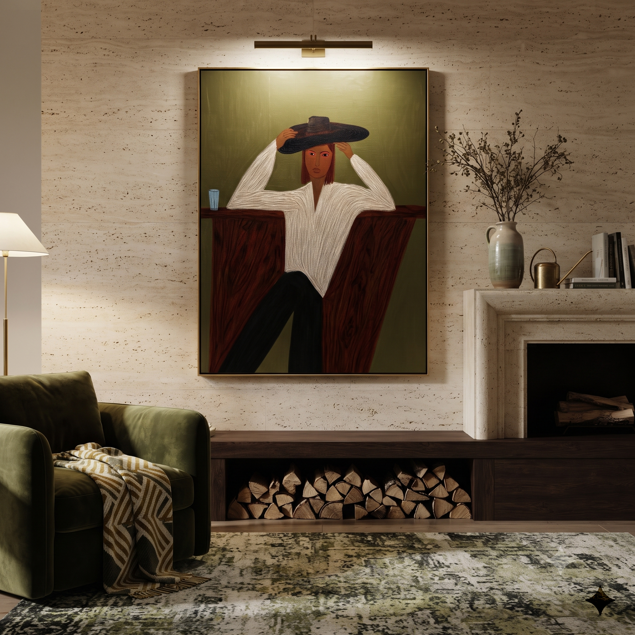 White Blouse Waits Olive styled in a layered residential interior