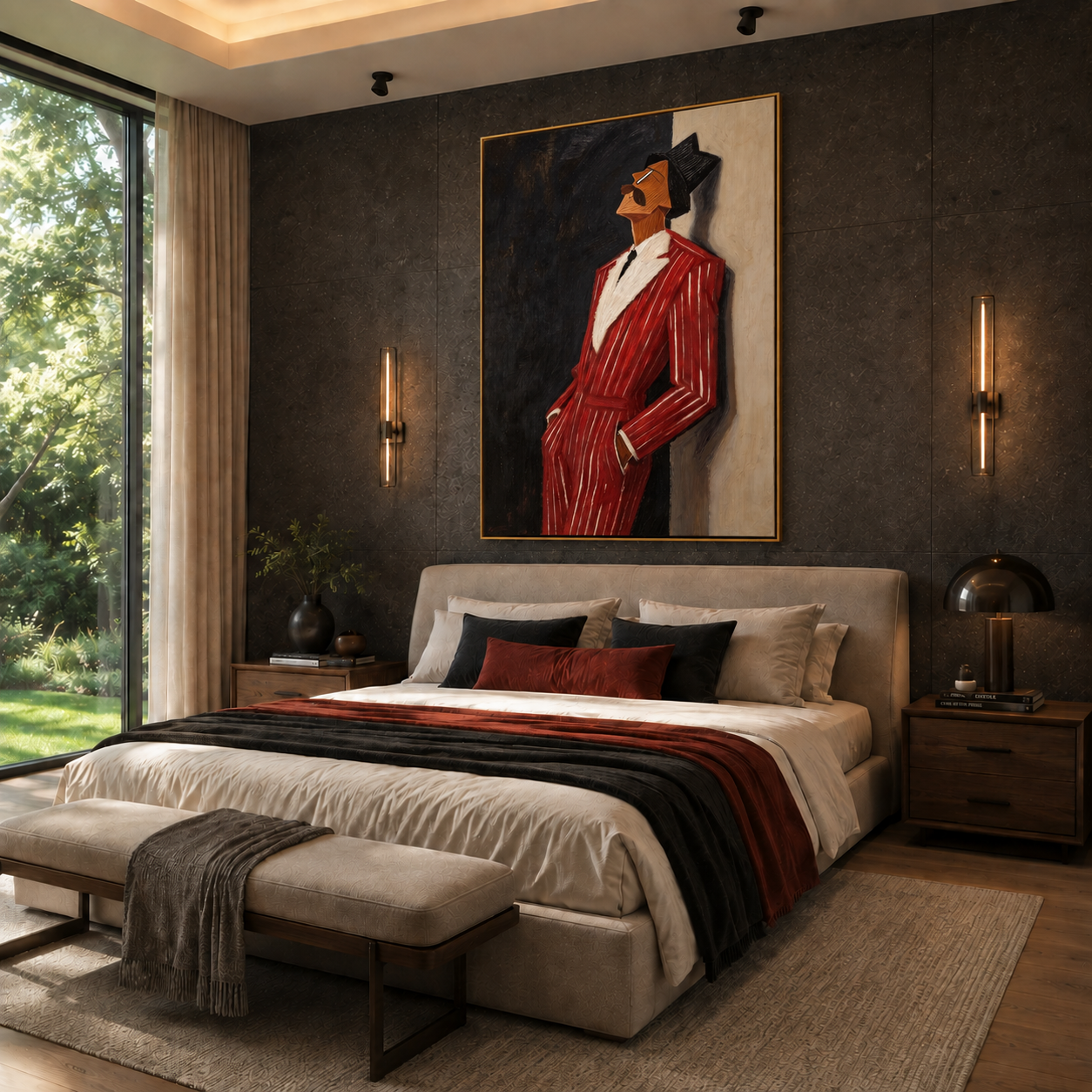 Scarlet Suit into Night styled with neutral modern furnishings