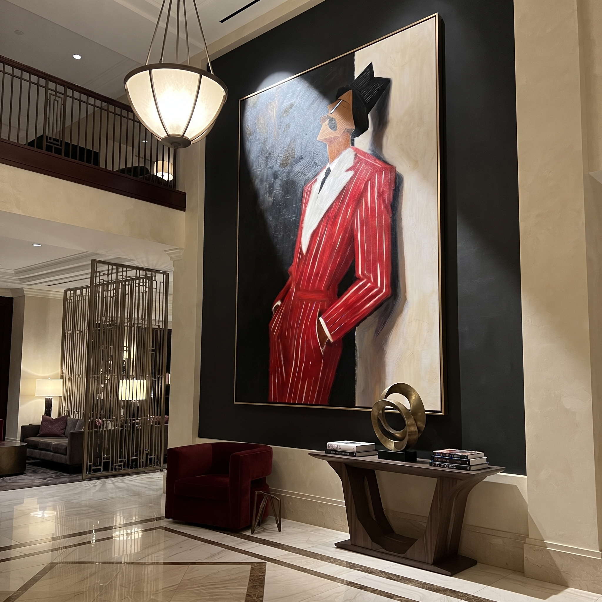Scarlet Suit into Night styled in a layered residential interior
