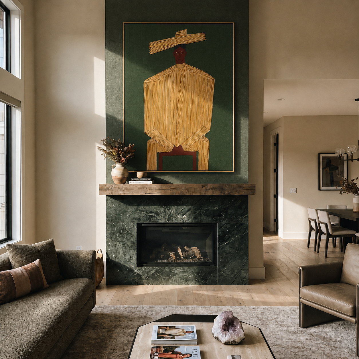 Golden Stillness Takes Seat displayed in a warm contemporary interior