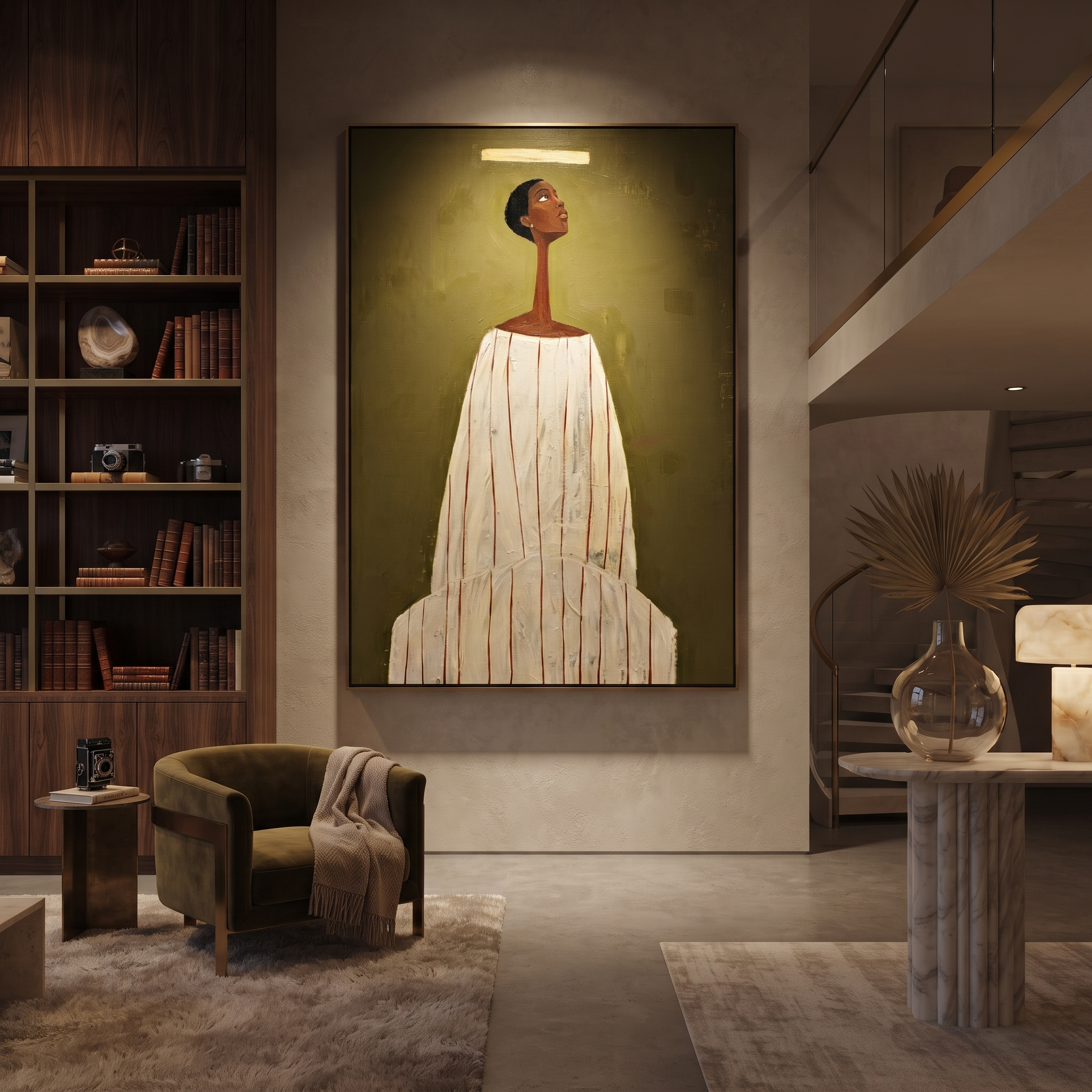 Ivory Column Faces Olive styled in a layered residential interior